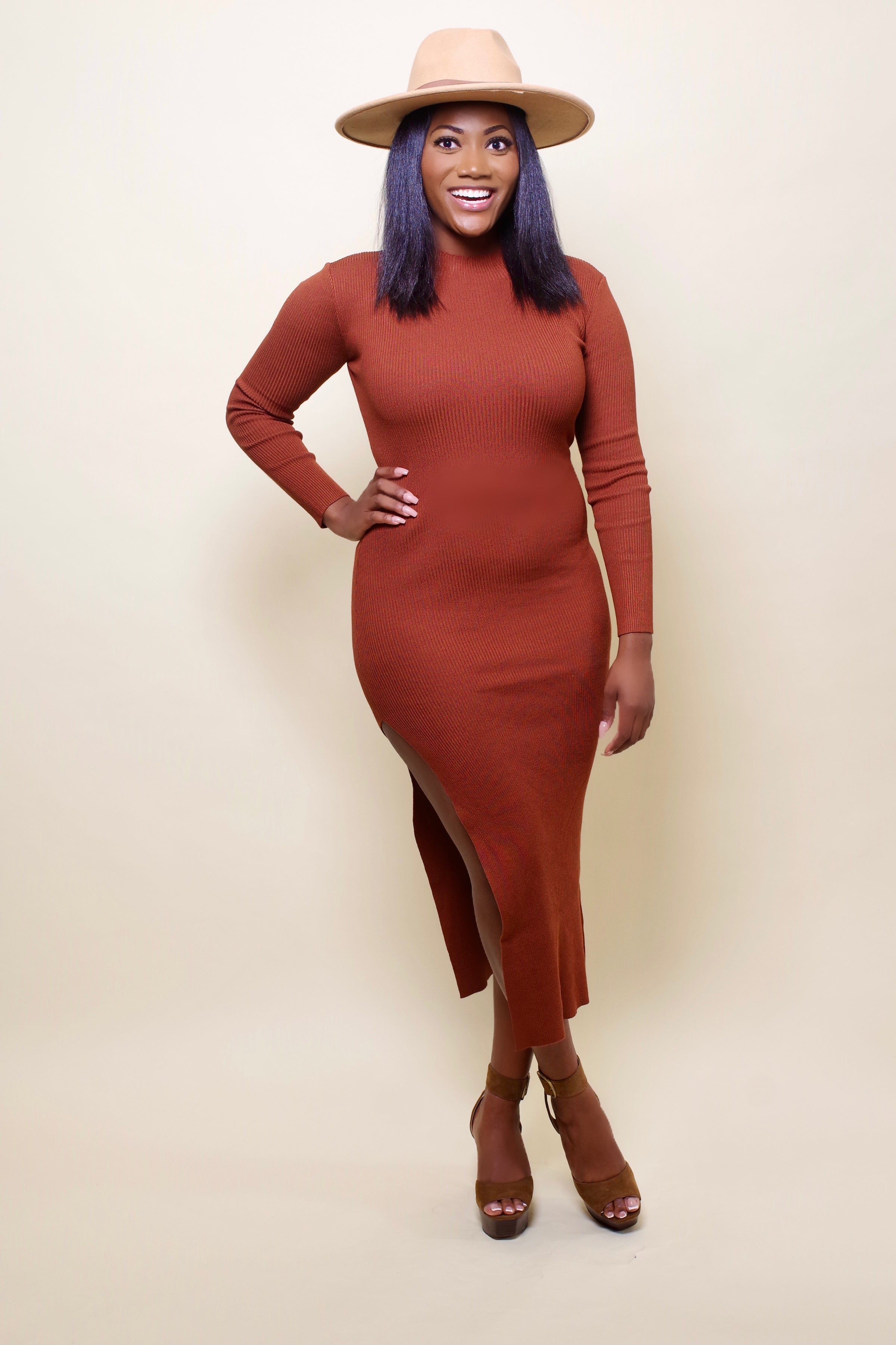 Cognac Long Sleeve Sweater Dress w/ Side Split – Bratty and Bossy