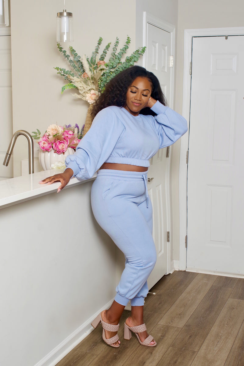 Spring Blue Cropped Pull Over Jogger Set
