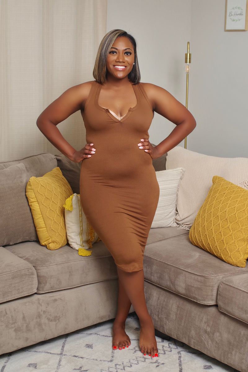 Chocolate Fitted V-Neck Dress